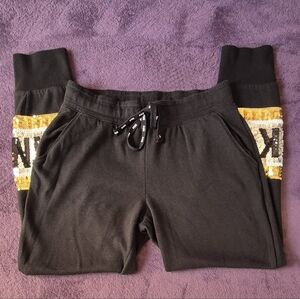 Victorias Secret PINK Womens Jogger Pants M Black Gold Silver Sequin Athleisure
